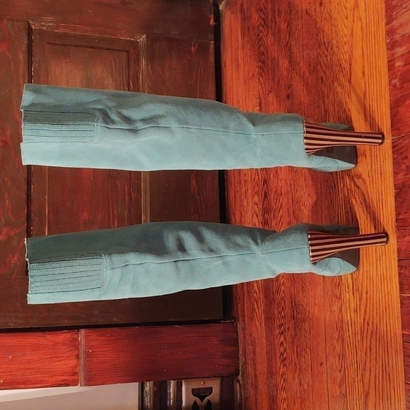 Colin Stuart Teal Suede Platform Boots with Striped Heels Sz 6 - Picture 10 of 16